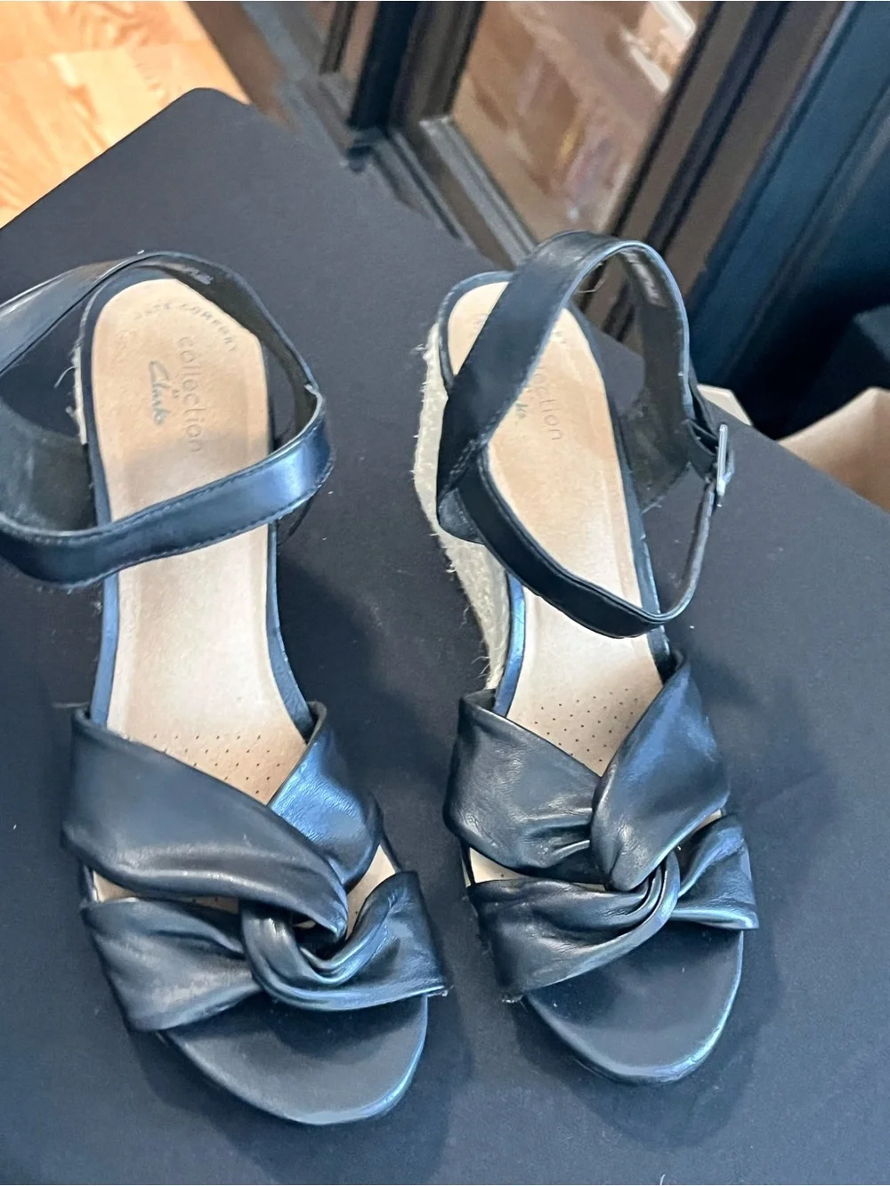 Clarks Black Knot Front Wedge Sandals
